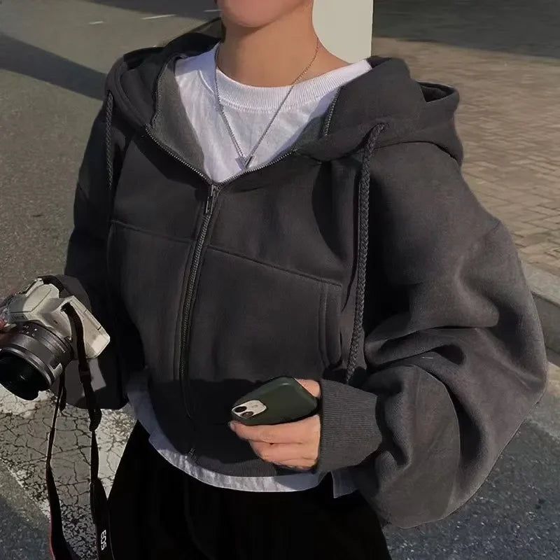 Cropped Fleece Zip-up Hoodie