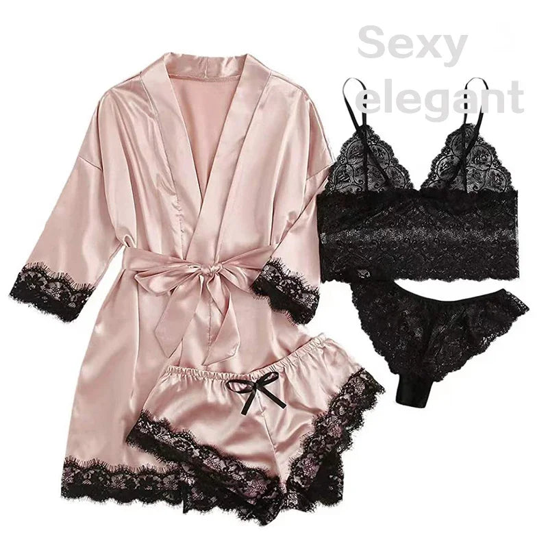 4pcs Silk Nightwear Robe Set